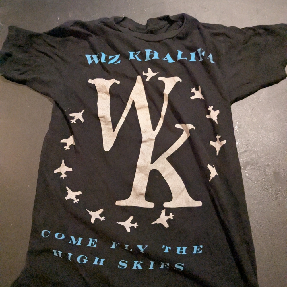 Black Graphic T-Shirt with Blue and White Print